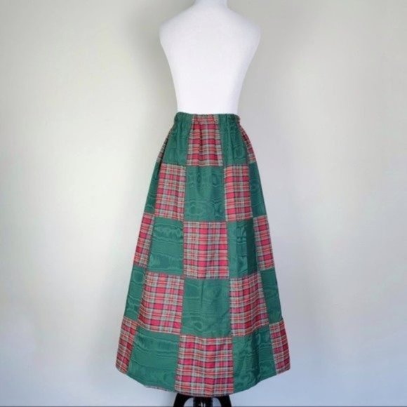 Vintage 70s Green & Red Plaid Satin Patchwork Maxi A-Line Skirt by Mr. Hank - Picture 6 of 8